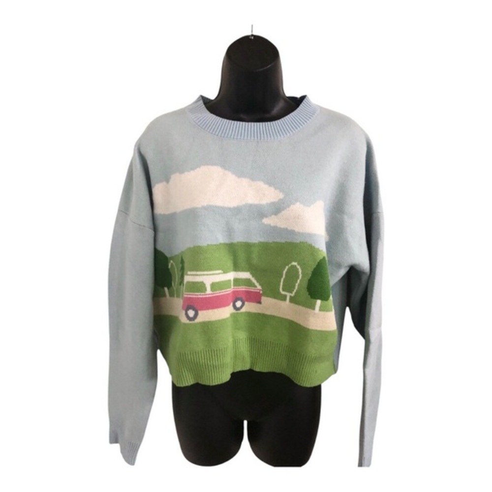 Luna Ivy white clouds & red bus on green landscape blue sweater size medium new